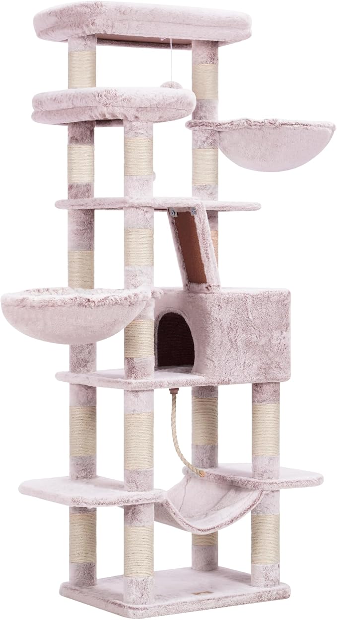Heybly Cat Tree, 68 inch Multi-Level Cat Tower for Indoor Cats HCT025MU | Cat Condo with 2 Widened Plush Perches, 2 Cozy Baskets, Scratching Board and Big Caves, Rosy Brown