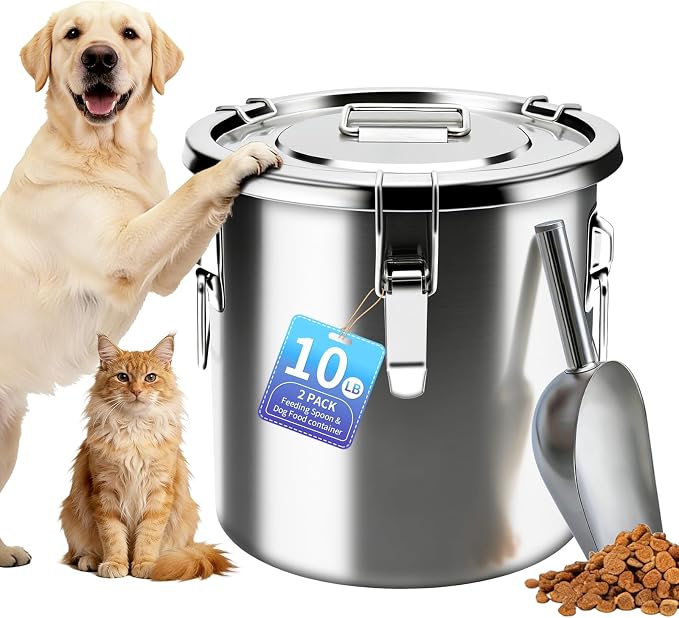 10 lb Stainless Steel Dog Food Storage Container, Airtight Metal Pet Food Storage Bin with Lid and Scoop, Large Dog Food Container for Dry Food, Keep Fresh, Easy to Clean