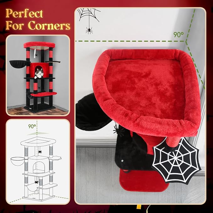 Globlazer Gothic Corner Cat Tree with Scratching Post, C51, Black Red | 51in Space-Saving Multi-Level Goth Cat Tower for Indoor Cats with Hammock, Large Top Perch for Large Cats, Cozy Cat Condo
