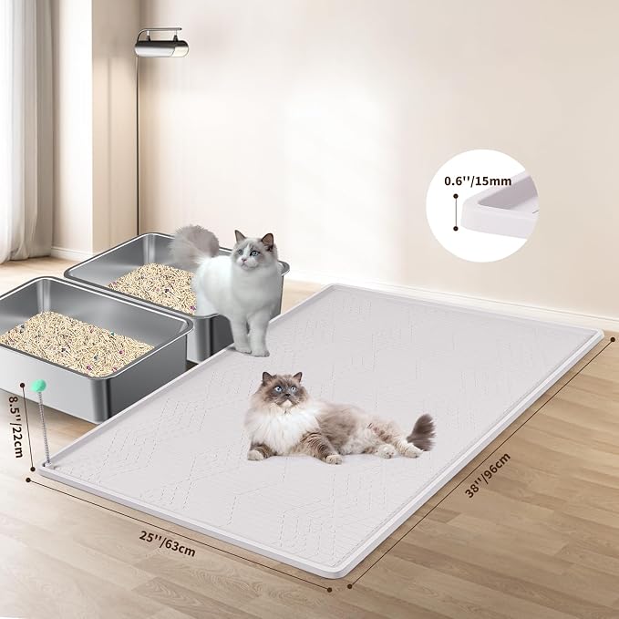 Silicone Cat Litter Box Mat 38'' x 25'' Cat Mat with Toy, White | Extra Large Litter Mat with lip, Non-Slip Waterproof Cat Litter Mat Litter Trapping Mat for Floor, Easy to Clean