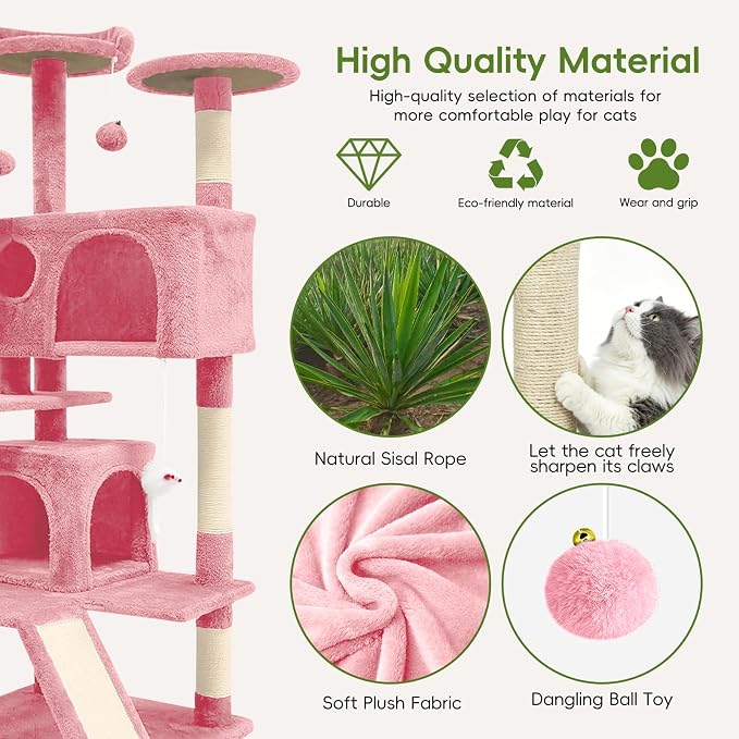 Cat Tree Tower for Indoor Cats,Cat House with Sisal Scratching Post,Multi-Level Cat Condo and 3 Large Platforms (Pink)