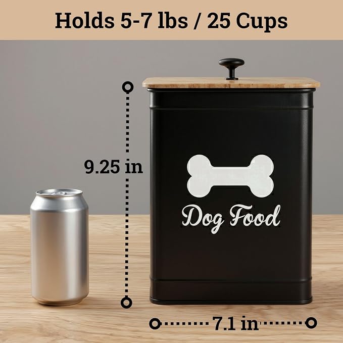 Dog Food Container Airtight Bamboo Lid 5-7 lb, 25 Cups, Sturdy Metal Handle | Pet Jar For Dogs up to 50lbs, Airtight Bamboo Lid, Sturdy Comfortable Metal Handle, Powder Coated Iron, Kibble Storage Bin