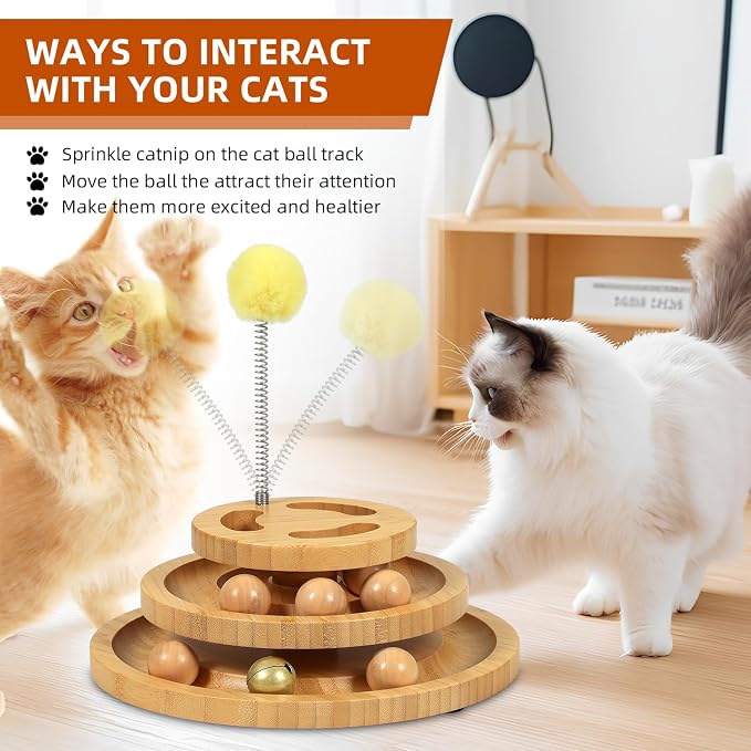DoogCat Cat Ball Track Toy with Puzzle Top, 3-Level Tower with 9 Removable Balls, Interactive Toy for Kitten Mental & Physical Exercise