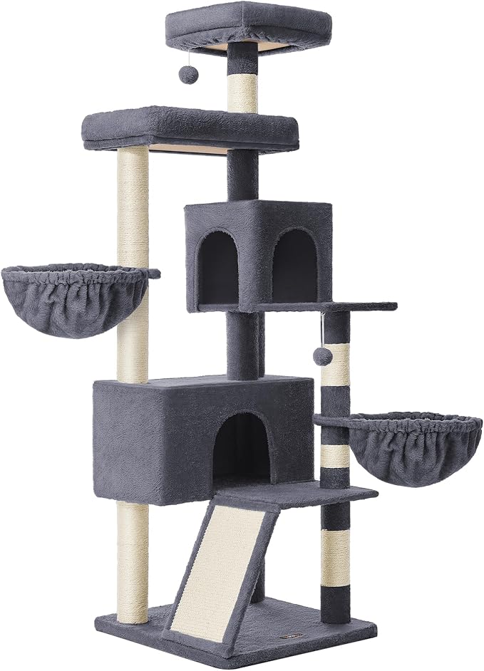 Feandrea Cat Tree, 68.5-Inch Tall Cat Tower, Multi-Level Plush Condo with Large Perch, Scratching Posts, Double Caves, Dark Gray UPCT006G02