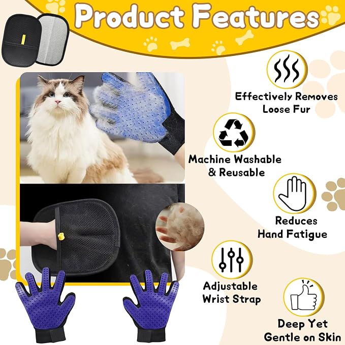 8 Pcs Pet Grooming Gloves for Shedding, Blue | 6x Reusable Cat & Dog Hair Removal Gloves, 1 Pair 2-in-1 Deshedding Brush & Massage Mitt, Safe for Dogs & Cats, Efficient