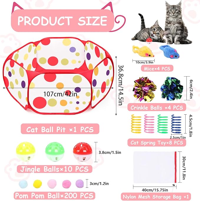 Cat Ball Pit for Cats, Include 226 Pcs Interactive Cat Toy for Indoor Kittens, Cat Enrichment Toys for Bored Indoor Cats Self Play Kitty Toys Bundle Pack Entertainment (Red)