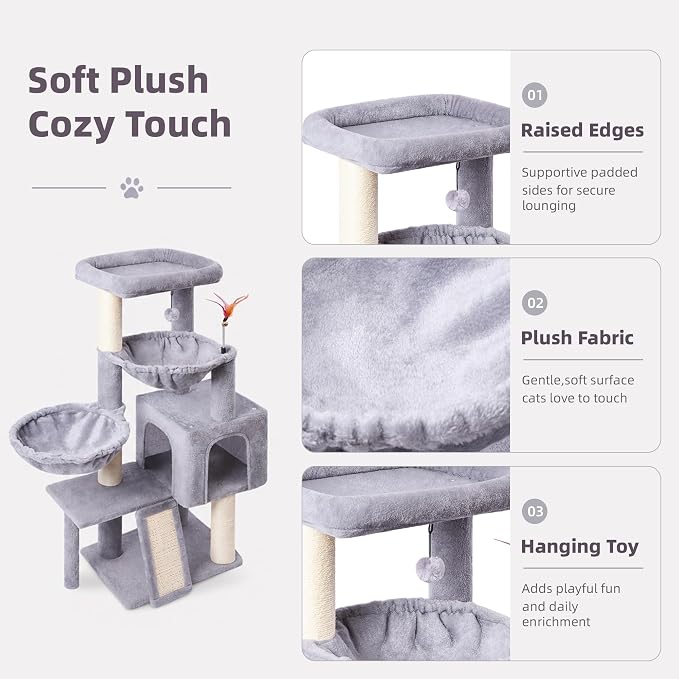 Cat Tree with Cat Condo and Two Hammocks, Cat Tree with Scratching Posts and Scratching Pads, Cat Tower for Indoor Cats, Activity Centre Climbing Tree with Playful Toy Balls, Grey