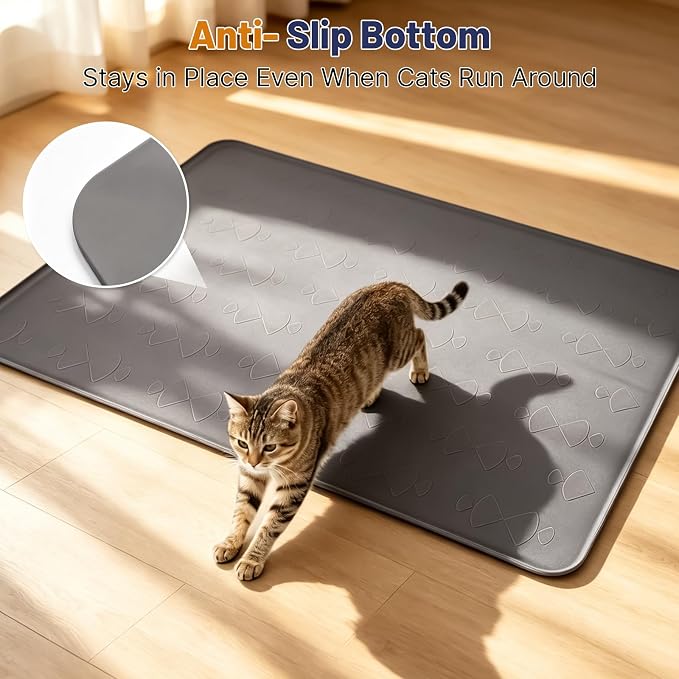 Cat Litter Mat, XL 54x34in Waterproof Silicone Litter Box Mat, Grey | XXL Cat Mat Fits 2-4 Litter Boxes, Litter Trapping Mat with Raised Edges, Non-Slip Bottom, Easy Clean Kitty Litter Mat