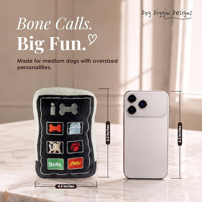 Dog Diggin Designs iBone Plush Dog Toy Bone | Luxury-Inspired Parody Tech-Style Bone with Squeaker, Soft Plush Chew & Play Dog Toy – Modern Fashion Accessories