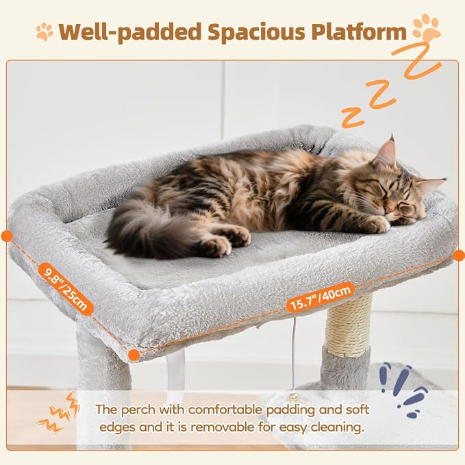 Taoqimiao Cat Tree, 38.5In Cat Tower for Indoor Cats, Suitable for Kittens | Thick Padded Top Perch, Luxurious Cat Condo, Adjustable Basket, 1-Piece Ramp Scratcher, 3 Sisal Posts, Light Gray, MS029SW