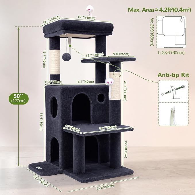 Globlazer Cat Tree Tower for Indoor Cats, 50-inch Adult Cat Tree House for Large Adult Cats with Steps, Scratching Post, 2 Cat Caves, Dangling Toys, FC50, Dark Grey
