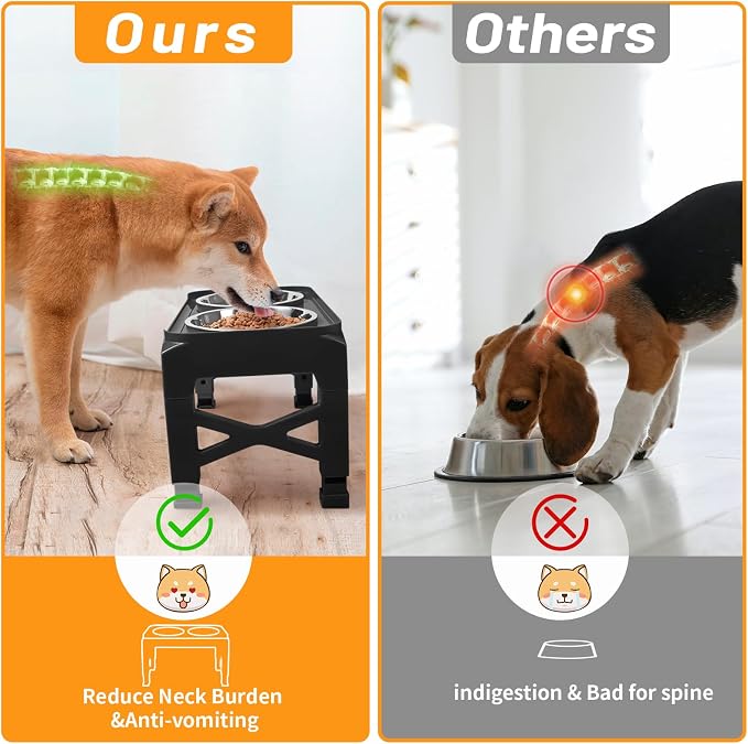 Hubulk Elevated Dog Bowls with 2 Stainless Steel Food & Water Raised Bowls with No Spill Edge Non-Slip Stand Adjusts to 5 Height(3.2", 8.77", 9.9",11.1", 12.3")for Small Medium Large Dog and Pet Black