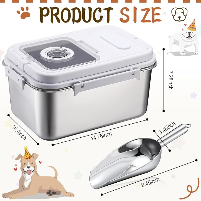 14-18 lb Stainless Steel Dog Food Storage Container | with Silicone Airtight Lid, Scoop, Easy to Clean Metal Pet Dog Cat Food Storage Container Keep Fresh