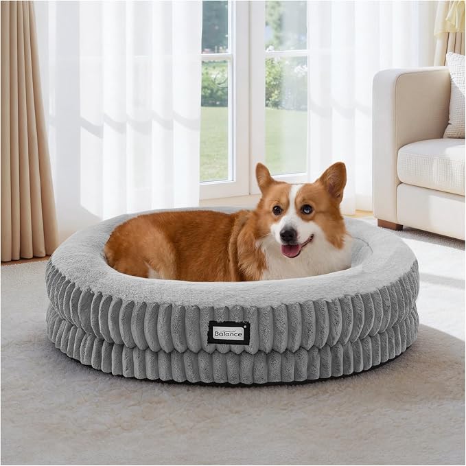 BALANCE Donut Dog Bed, 30 Inches Round Dog Bed Medium Size Dogs Washable, Orthopedic Calming Dogs Beds for Kitten, Fluffy Plush Faux Fur Pet Bed with Anti-Slip Bottom