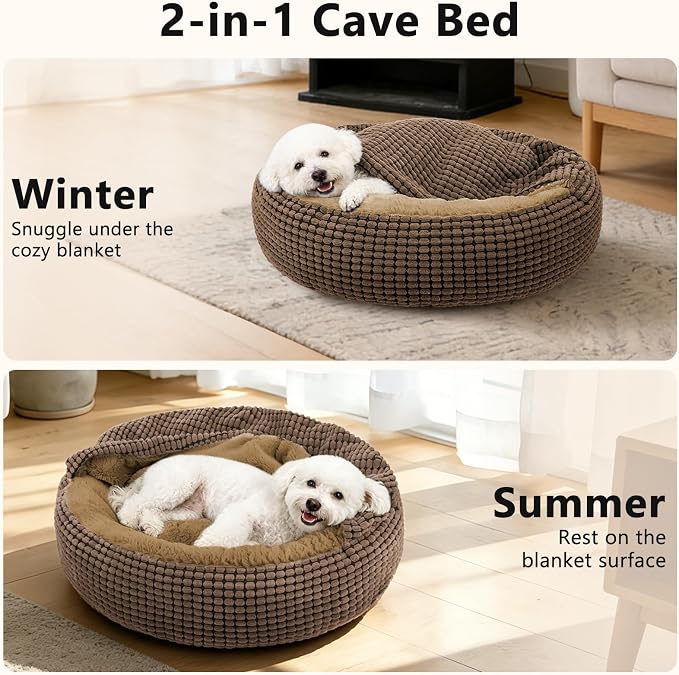 Small Dog Bed with Attached Blanket, Cozy Donut Cuddler Anti-Anxiety Hooded Pet Beds Calming Cave Bed, Orthopedic Round Puppy Beds for Dogs or Cats Washable, Anti-Slip Bottom, 23inch