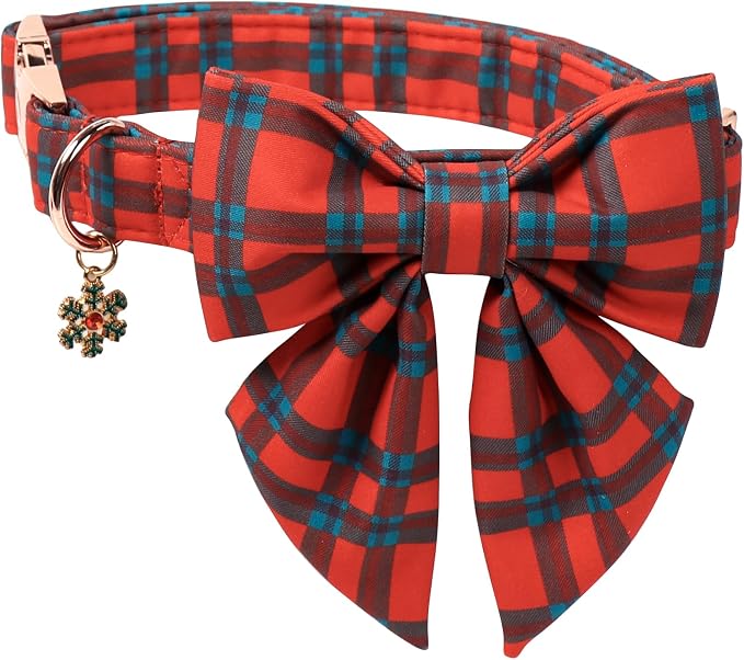 DOGWONG Christmas Dog Collar with Bow Tie, Red Green Plaid Dog Collar Durable Metal Buckle Adjustable Soft & Cute Red Checkered Dogs Collars for Small Medium Large Dogs, S