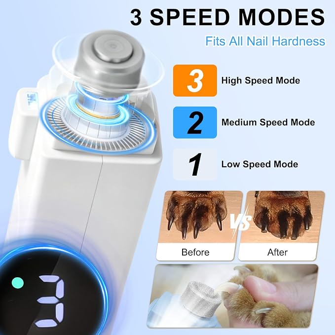 2-in-1 Dog Nail Clippers & Grinder with LED Light, Quiet Electric Pet Nail Trimmer for Small Medium Large Dogs & Cats, 3 Speeds, USB Rechargeable, Quick Sensor, Safety Lock & Splash Guard (White)