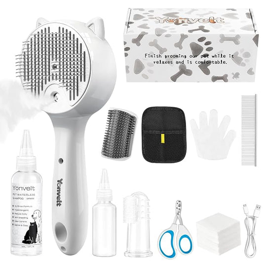 10Pcs Mist Spray Brush Kit for Cats & Dogs, Hair Health & Grooming Set with 100ml Waterless Shampoo, Cat Scratcher w/Catnip, Nail Clippers, Toothbrush, Comb, Eye Ear Paw Dry Wipes & Gloves, Gift-Set