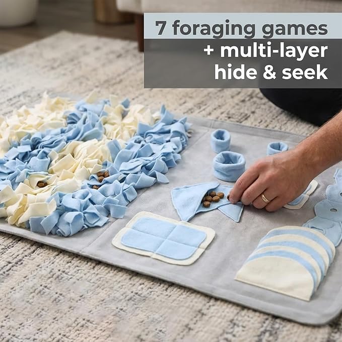 Snuffle Mat for Dogs: Slow Food Interactive Experience - 7 Enrichment Foraging Games for Large Dog Owners Needing to Burn Pet Energy - Washable 1000 Times - 22x38 inch - Grey