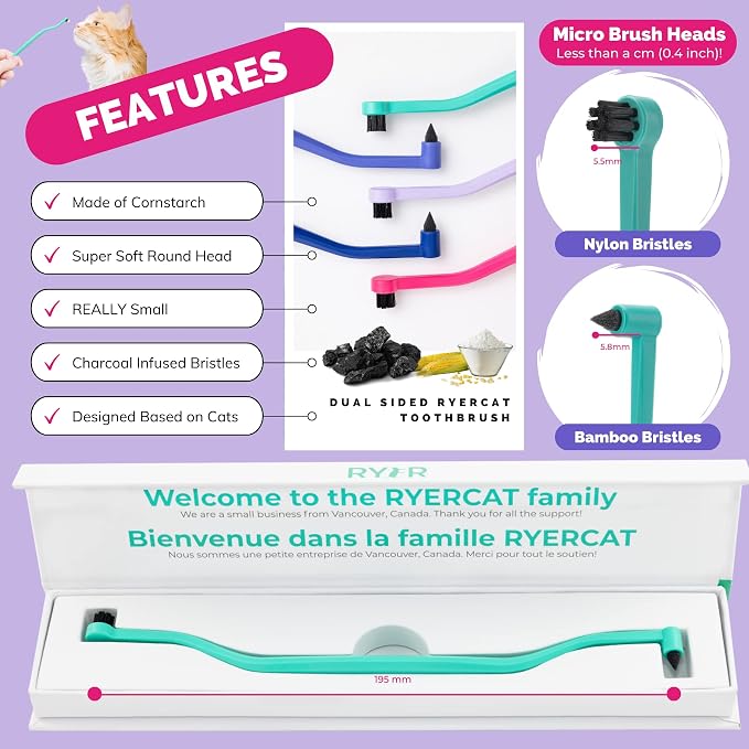 RYERCAT Ocean Dual Sided Cat Toothbrush - Only 8mm Wide to fit into Cat's Mouth - Cat Dental Supplies