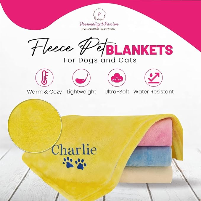 Personalized Passion Dog Blanket with Embroidered Name & Paws - Soft and Cozy for Bed, Couch, Car - Water Resistant Pet Fleece Blanket for Dogs and Cats - Yellow - 28x40 Inches