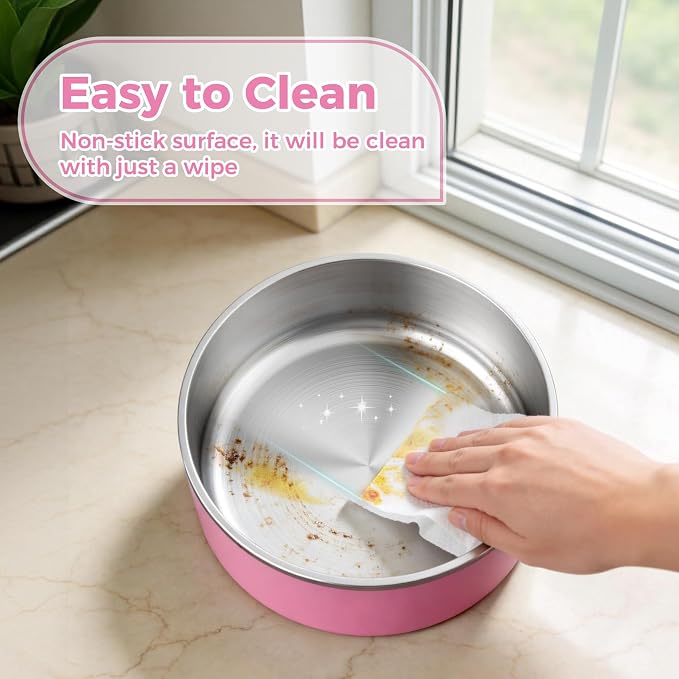 Dog Bowl, Stainless Steel Dog Food and Water Bowl with Non Slip Quiet Bottom, Easy to Clean, Dishwasher Safe, 40oz, Pink