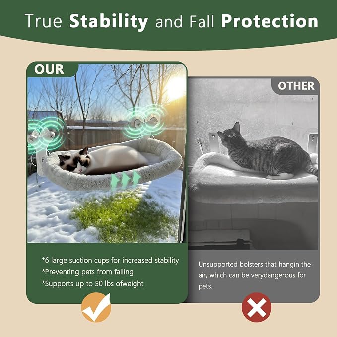 Cat Window Perch with 6 Strong Suction Cups,Mats that can be Switched Between Winter and Summer,Foldable Cordless Cat Beds Can Bear to 50LBS Weight (Grey)