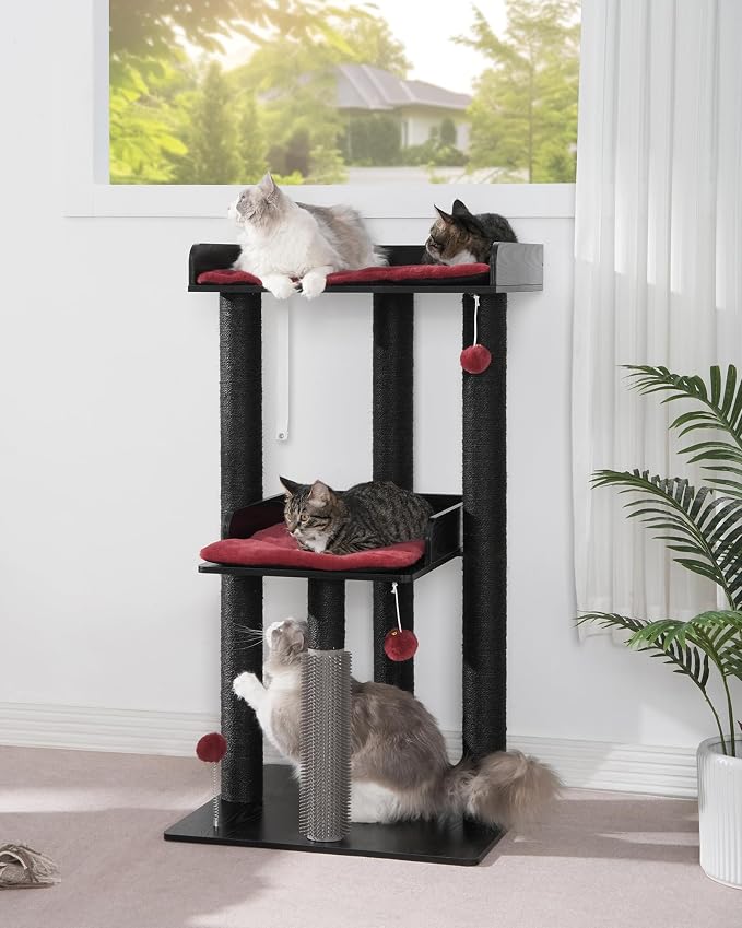 43.7" Modern Cat Tree, Cat Tower for Large Cats, Wood Cat Tree | Maine Coon Cat Tree, Cat Tower with Scratching Post, Large Perch and Removable Pads, Black&Red