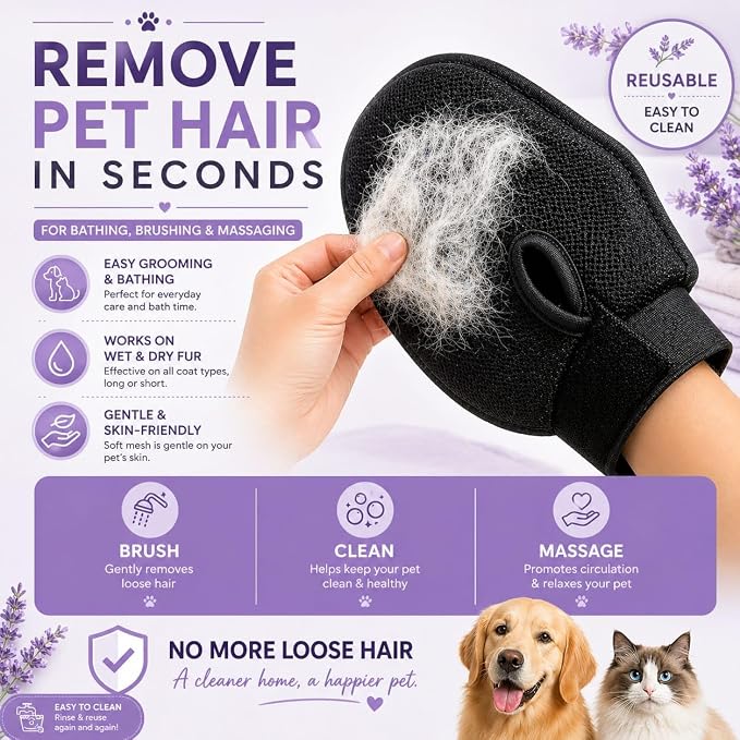 Pet Grooming Gloves for Dogs & Cats – Double Sided Deshedding Glove, Hair Remover & Massage Brush for Shedding Fur (Lavender)