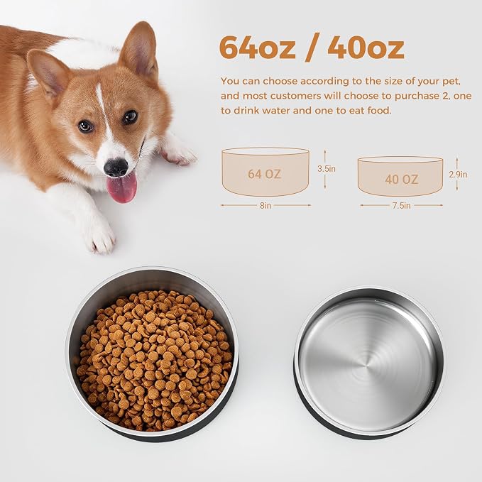 WENBOKMIN Dog Bowl, Stainless Steel Dog Food and Water Bowl with Non Slip Quiet Bottom, Easy to Clean, Dishwasher Safe, 64oz, Black
