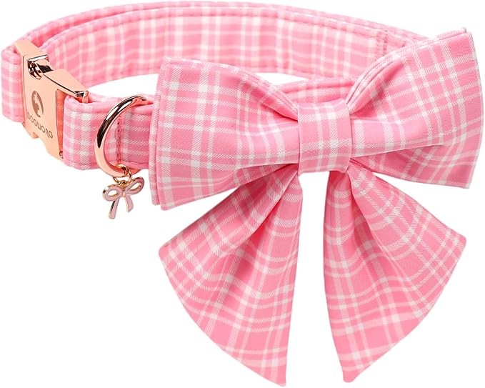 Pink Dog Collar for Girl Dogs, Spring Summer Pink Plaid Dog Collar with Bowtie- Adjustable Female Sailor Bow Dog Collar for Large Dogs L