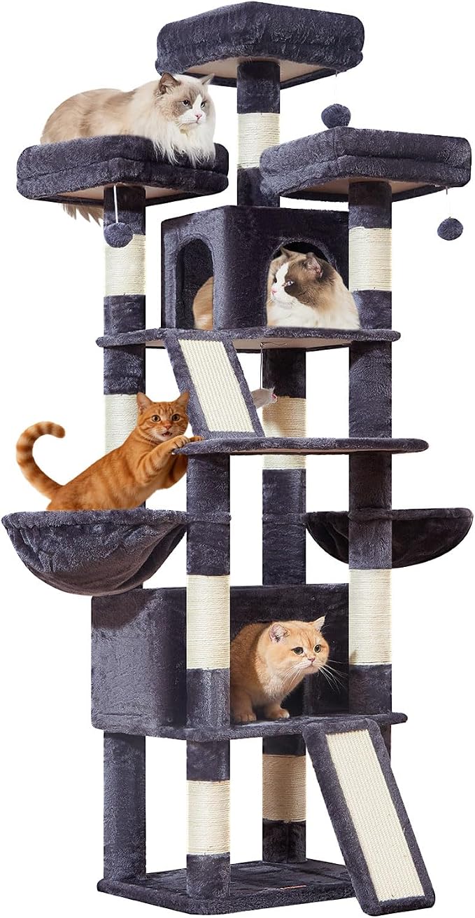 Taoqimiao Cat Tree for Large Cats, 76.8 Inches XL Cat Tower for Indoor Cats | 2 Scratch Boards, 3 Top Perches, 9 Scratching Posts, Multi-Level Cat Tree with 2 Condos, 2 Cozy Basket, Smoky Gray, T20G