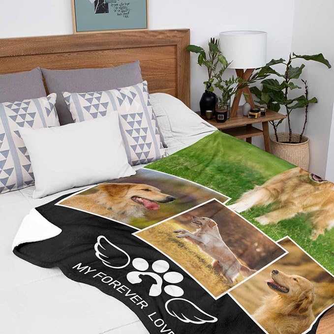 InterestPrint Custom Memorial Blanket for Dog, My Forever Love Angle Wings Blanket Customized Loss of Pet Dog Photo Fleece Throw Blankets Warm Bereavement Gift for Dog Mom 60X80 Inch