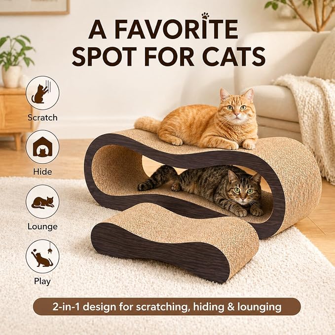 2 in 1 Large Cardboard Cat Scratcher Lounger，Cat Scratching Board for Indoor Cats,100% Recyclable&Reversible Horizontal Scratching Pads Prevents Furniture Damage,Brown