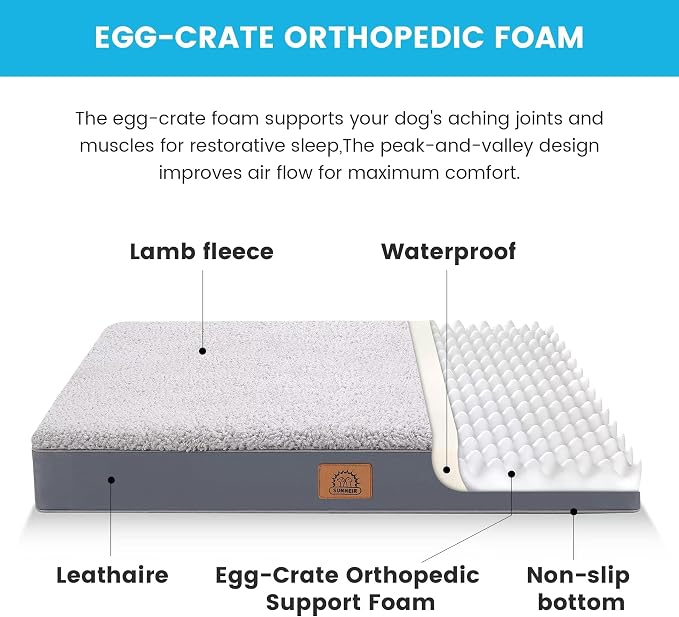 Sunheir Jumbo Orthopedic Dog Bed, Extra Large Waterproof Pet Bed Mat, Grey | Removable Machine Washable Cover, Thick Egg Crate Foam Support, Easy-Clean, Anti-Slip Bottom, Soft Dog Crate Bed 54"X42"X4"
