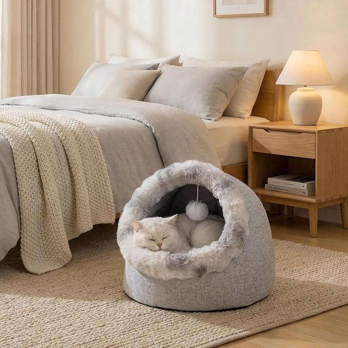 Avont Cat Bed Cave for Indoor Cats, Semi-Enclosed Cat House with Anti-Slip Bottom & Removable Washable Cushion, Warm Plush Cat Tent for Kittens & Puppy -M