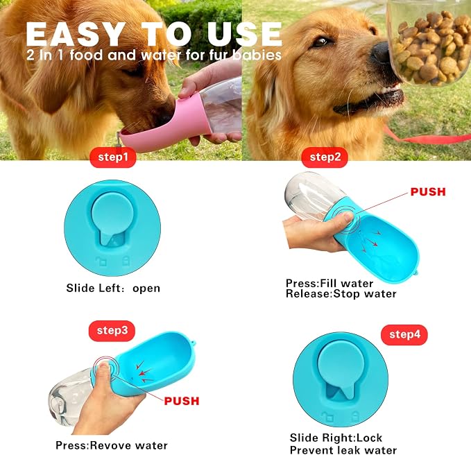 Dog Water Bottle with Food Container, Portable Leak Proof Pet Water Dispenser for Walking Hiking Travel, Puppy Essentials Accessories for Small Large Dogs, Dog Gifts (10oz/15oz/19oz)