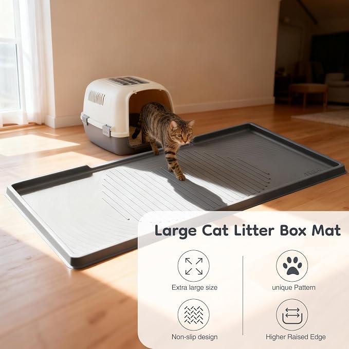ISSEVE XXL Cat Litter Mat, Extra Large Silicone Litter Box Mat, Dark Grey | 54" x 27.5" XXL, 1.38" Raised Edge, Urine Proof, Litter Trapping Mat for Scatter Control, Soft on Kitty Paws, Protect Floor