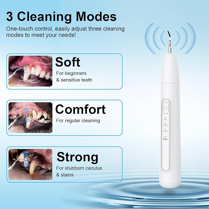 Ultrasonic Dog Plaque Remover Tool, 3 Modes Plaque and Tartar Remover for Dogs, Low Noise Sonic Dog Tartar Remover Dogs Plaque Remover with Toothbrush 2 Cleaning Head for Pet Dental Care, White