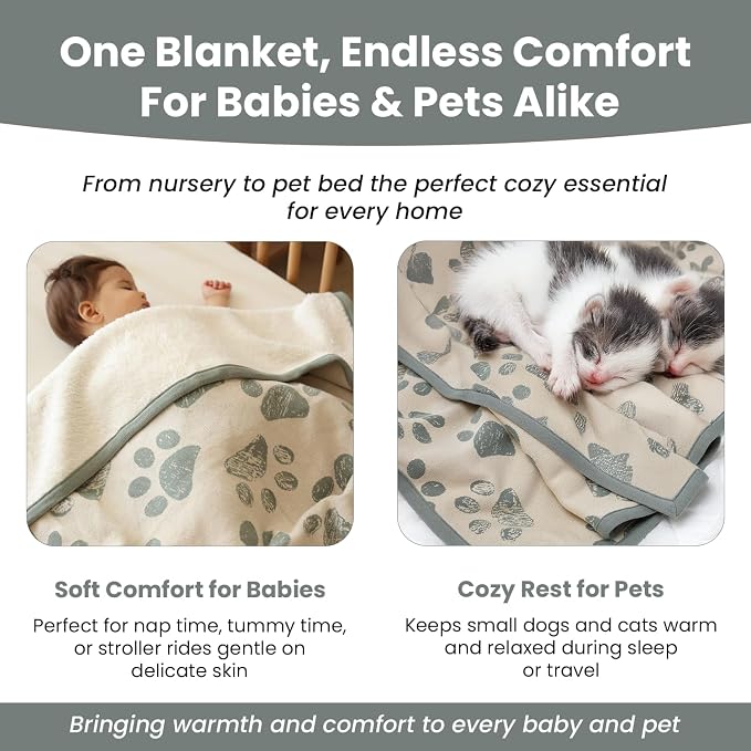 Baby & Pet Blanket 100% Cotton with Sherpa Fleece – Soft Stroller & Cuddle Blanket for Baby, Dog & Cat – Breathable, Hypoallergenic, Washable – 76×96 cm All-Season Blanket Reed Green Beige