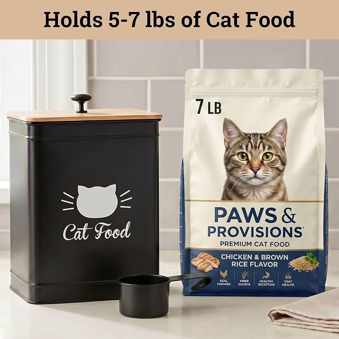 Cat Food Container with Scoop 5-7 lb (25 Cup), with Airtight Bamboo Lid | Cat Kibble Canister with Metal Scoop, 25 Cups, Chew Proof Iron Body, Powder Coated, Airtight Bamboo Lid, Sturdy Metal Handle