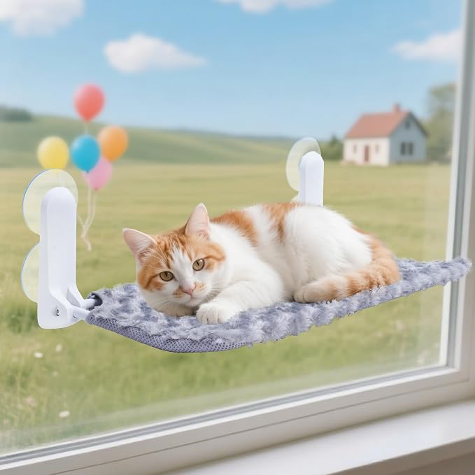 SMOUATOU Cat Window Perch, Cordless Foldable Cat Hammock Bed with 4 Suction Cups, Embeded Machine Washable Bed for Indoor Cats, Strong Metal Frame Holds 40lbs (Grey)