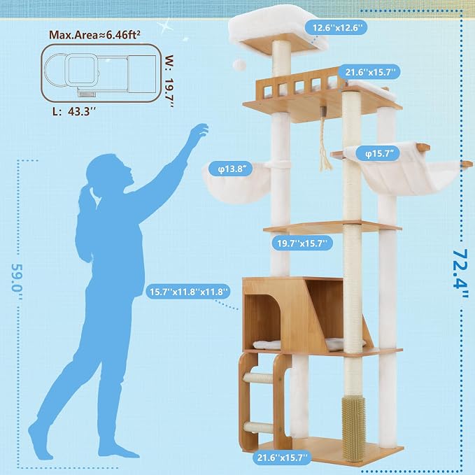 Hey-brother Wooden Cat Tree, Furniture Tower with Large Platforms, MPJ121WB | 69.7 inch, Modern Full Sisal Scratching Posts, Hammocks, Spacious Condo, Ladder, Brush, Water Proof Surface, Walnut