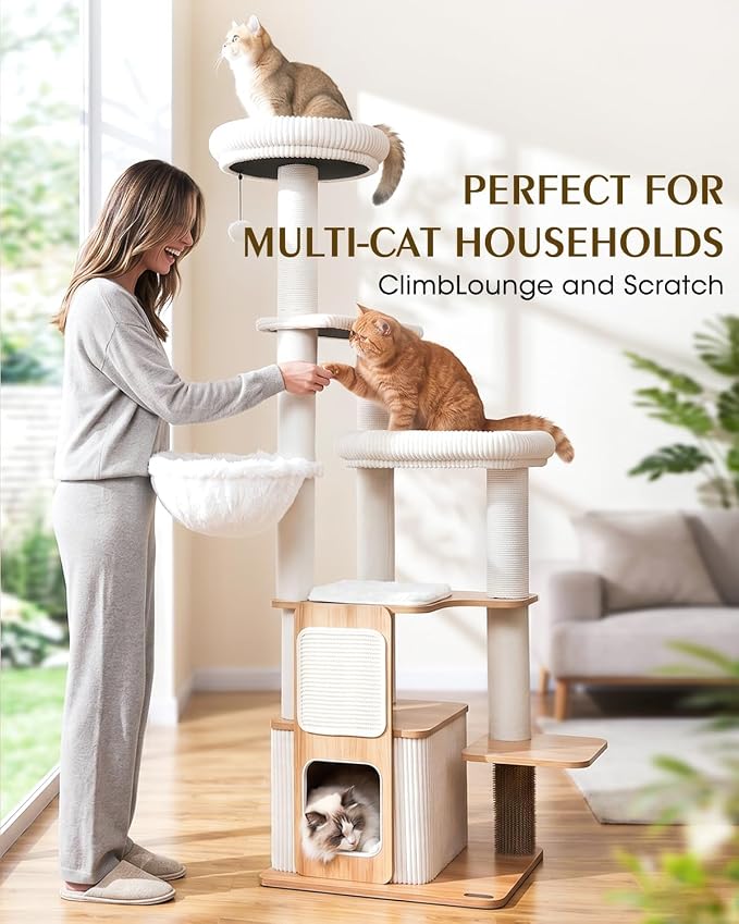 63" Wooden Cat Tree, Modern Cat Tower, Self-Grooming Brush,Natural | Heavy Duty Cat Tree, Cats Furniture, for Large Cats up to 15 lbs, Climbing Post, Plush Top Perch, Stable Base, Cozy Cat Condo