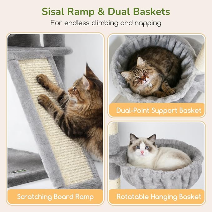 Globlazer 80in Tall Extra Large Heavy Duty Corner Cat Tree Tower, S80C | Sturdy Big Cat Tower for Indoor Cats Large Adult with Scratching Post, 2 Spacious Condos with Padding, 2 Perches, Light Grey