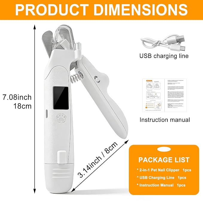 Dog Nail Clippers & Grinder with LED Light | 2-in-1 Quiet Pet Nail Grinder & Trimmer, USB Rechargeable, Splash Guard, for Small to Large Dogs & Cats