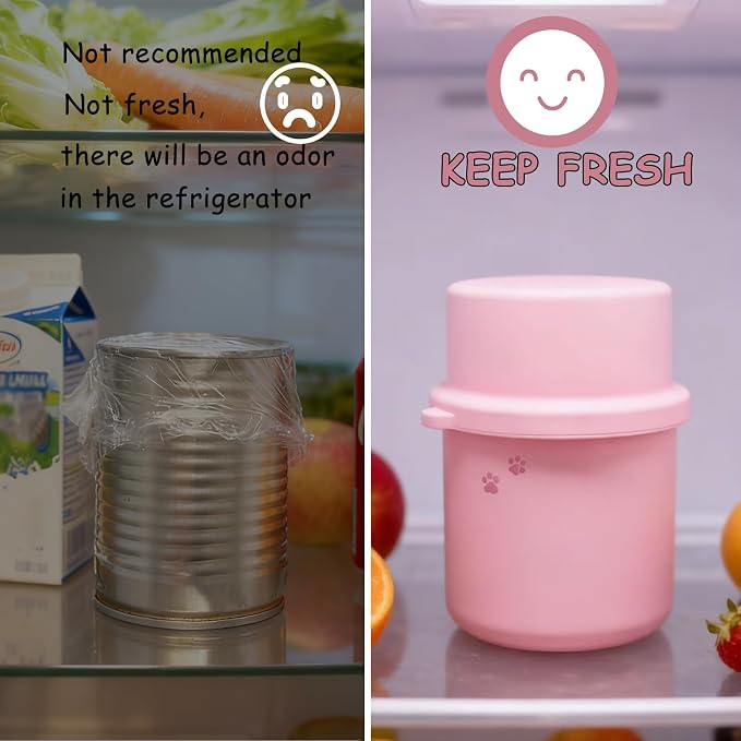 Original Canned Dog Food Storage Container & One Can Spoon | Silicone Can Cover Pet Food Sealer & Cute Paw Shape Opener Spatula | BPA Free, Airtight, Dishwasher & Freezer Safe (Dark Blue+Pink)