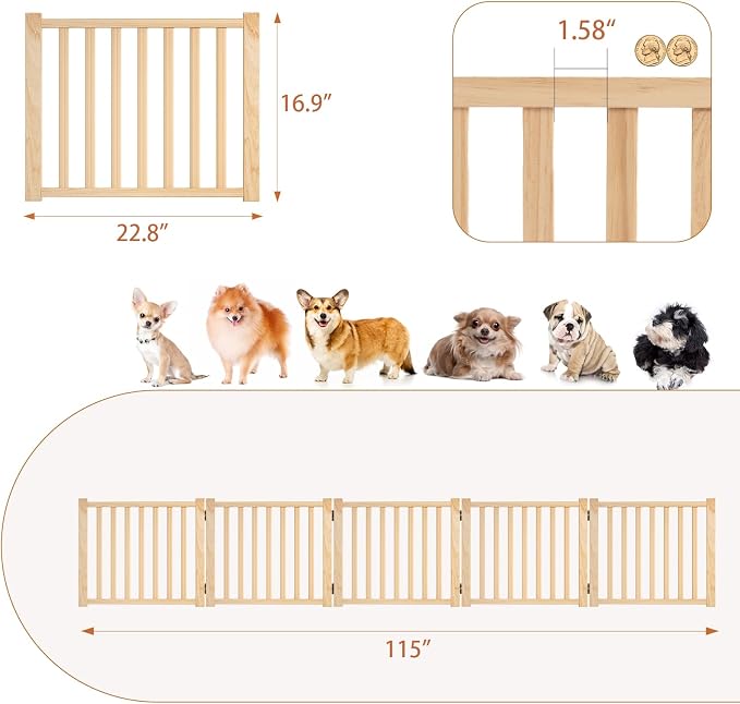 YOCAN Paint-Free Wooden Freestanding Dog Gates for The House,Doorways, Stairs,Wood Dog Fences Indoor Pet Gate,Step Over Fence, 5 Panel H:16.9''