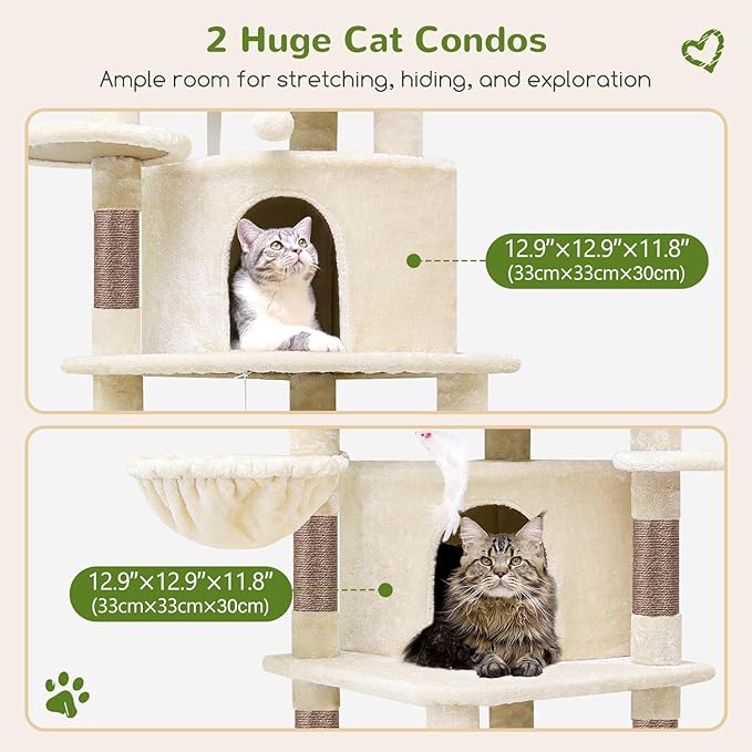 Globlazer 66inch Corner Cat Tree Tower for Indoor Large Cats, C66, Beige | Space-Saving Stable Adult Cat Tower with 6 Scratching Posts, 2 Large Fan-shaped Condos & Top Perch, Hammock, Climbing Steps