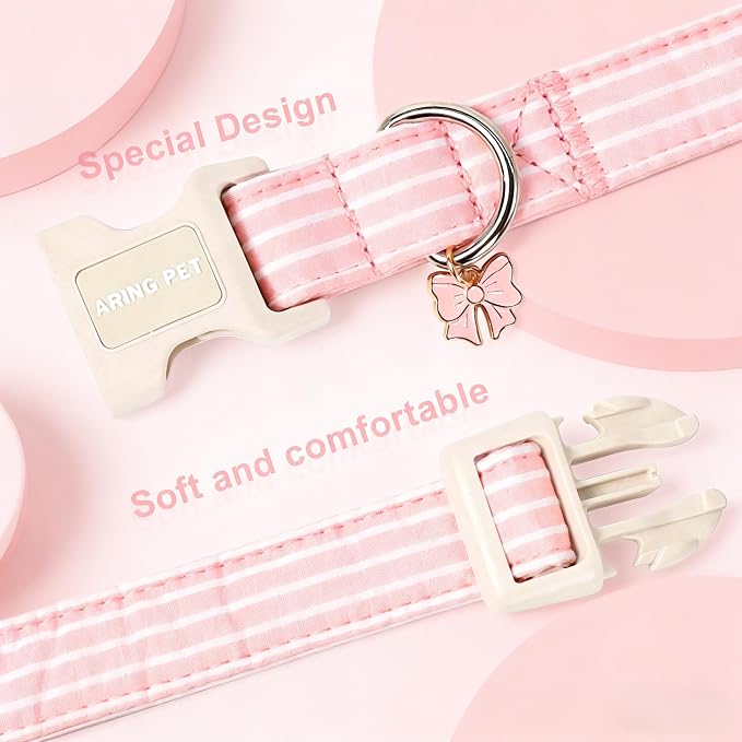 ARING PET Stripe Dog Collar, Cute Spring Summer Pink Stripe Pet Collars with Bow Charm for Puppy Small Medium Large Female Girl Dogs-XS, for Daily Outdoor Walking Training